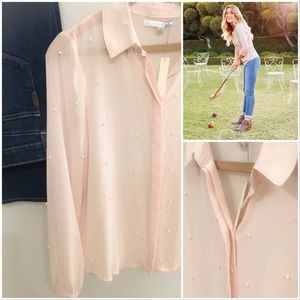 LC Lauren Conrad Sheer Pearl Button Down Blouse